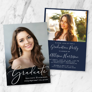Elegant Script Photo Blue Graduation Party Invitation