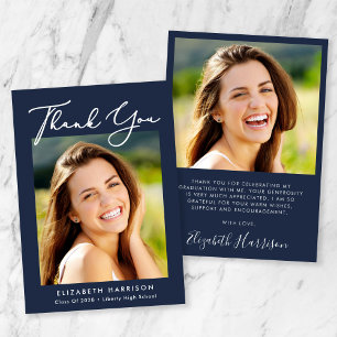 Elegant Script Photo Blue Graduation Thank You Card