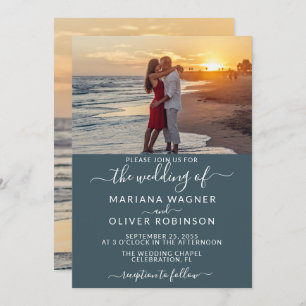 Elegant Script Photo Boho Blue Wedding Invitation