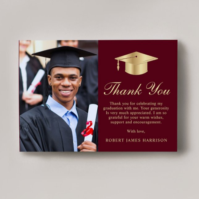 Elegant Script Photo Burgundy Gold Graduation Thank You Card (Creator Uploaded)