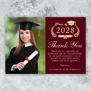 Elegant Script Photo Burgundy Gold Graduation Thank You Card