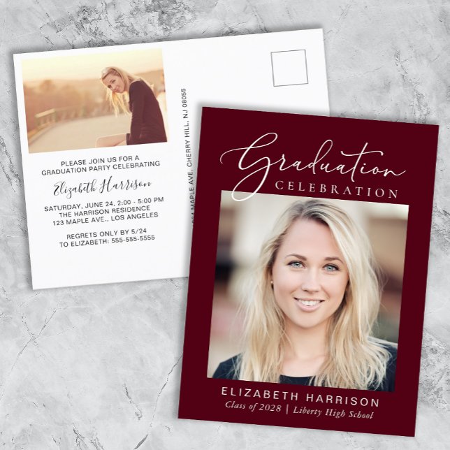 Elegant Script Photo Burgundy Graduation Party Invitation Postcard (Creator Uploaded)