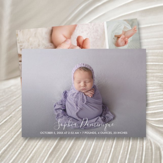 Elegant Script Photo Collage Birth Announcements (Creator Uploaded)