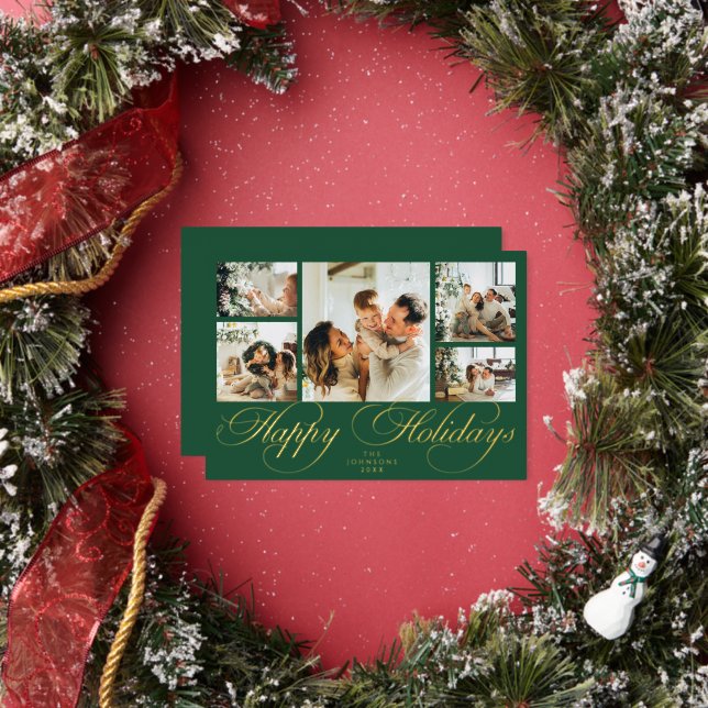 Elegant Script Photo Collage Traditional Christmas Foil Holiday Card (Insitu)
