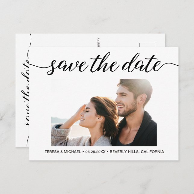 Elegant Script Photo Engagement Save The Date Postcard (Front/Back)