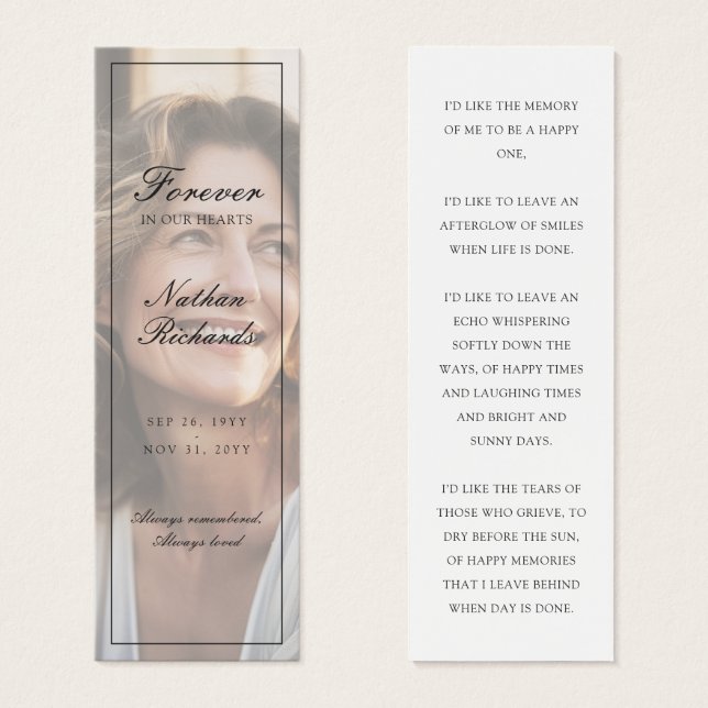 Elegant Script Photo Funeral Memorial Bookmarks (Front & Back)