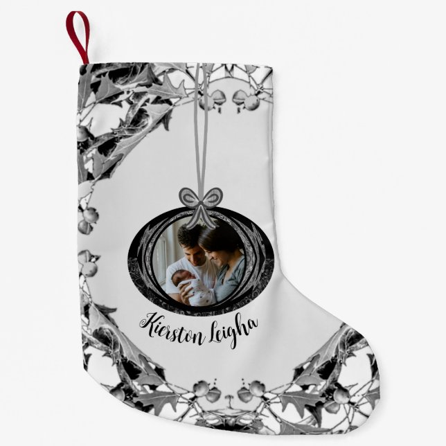 Elegant Script Photo Gifts Christmas Ornaments  Small Christmas Stocking (Front)