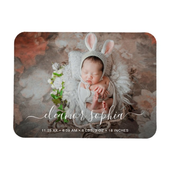 Elegant Script Photo Girl Birth Announcement Magnet (Horizontal)