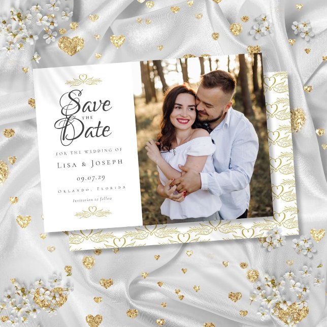 Elegant Script Photo Gold Heart Save the Date  Invitation (Elegant Script Photo Gold Heart Save the Date Invitation)