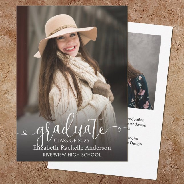Elegant Script Photo Graduation Announcement (Elegant script photo graduation announcement. Add a photo on the front & back. Add your grad info,)
