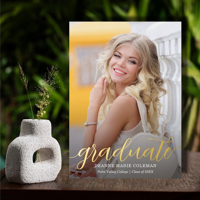 Elegant Script Photo Graduation Gold (Elegant script graduation REAL gold foil party invitations with your party details on the back)