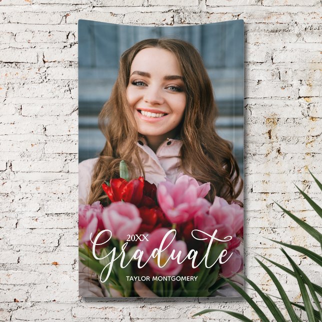 Elegant Script Photo Graduation Party Banner (Elegant white script photo graduation party banner)