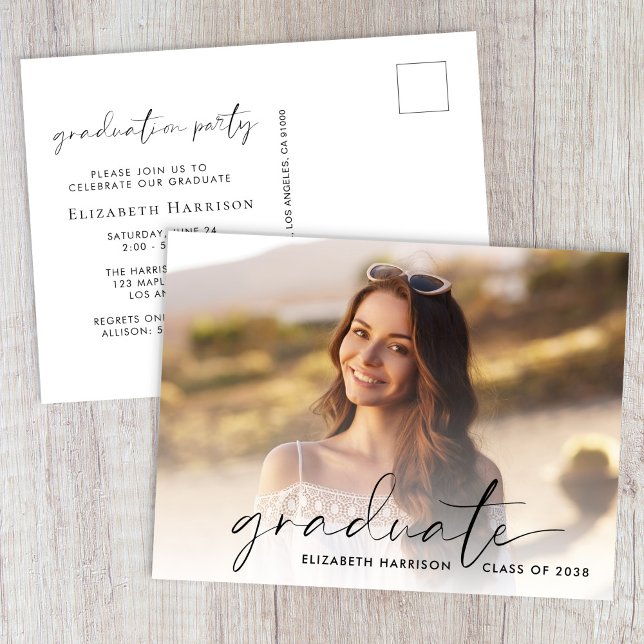 Elegant Script Photo Graduation Party Invitation Postcard (Elegant Script Photo Graduation Party Invitation Postcard)