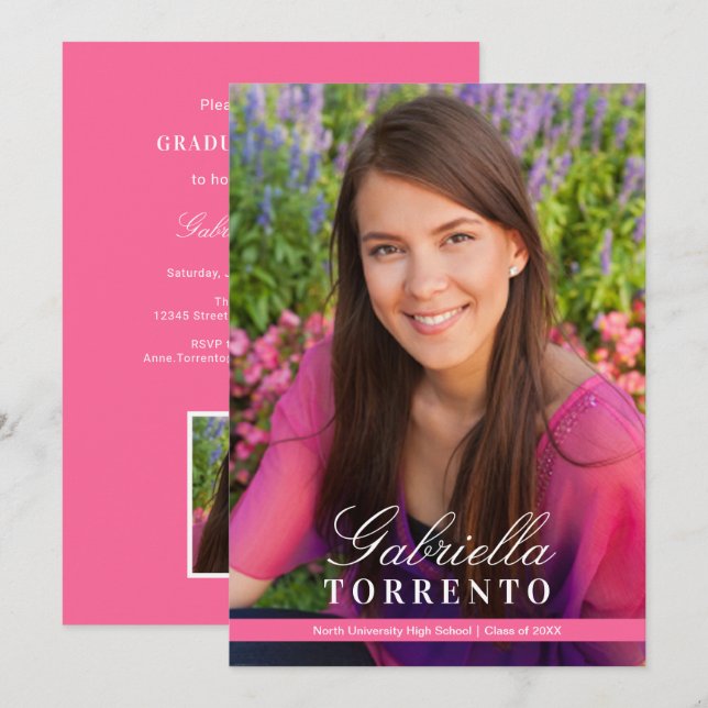 Elegant Script Photo Graduation Party Pink Invitation (Front/Back)