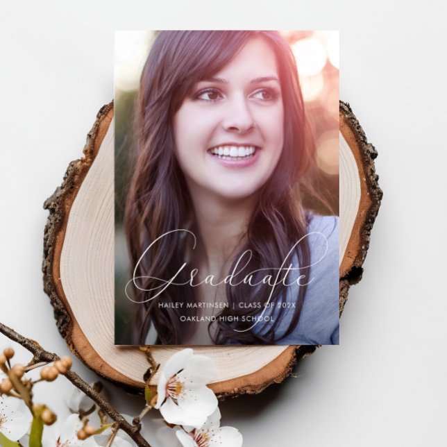 Elegant Script Photo Graduation Party White Invitation (Creator Uploaded)