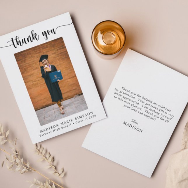 Elegant Script Photo Graduation  Thank You Card (Creator Uploaded)