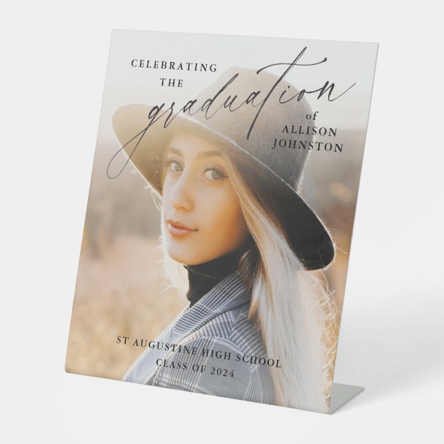 Elegant Script Photo Graduation Welcome Pedestal Sign (Front)