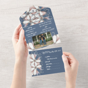 Elegant Script Photo Hawaiian Floral Beach Wedding All In One Invitation