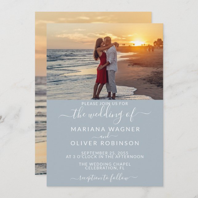 Elegant Script Photo Light Grey Wedding Invitation (Front/Back)