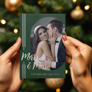 Elegant Script Photo Married and Merry Foil Holiday Card