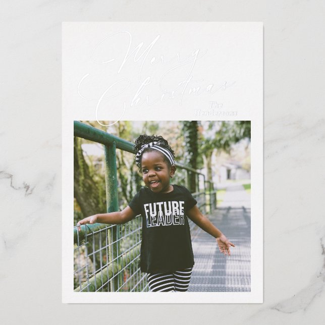 Elegant Script Photo Merry Christmas Foil Holiday Card (Front)