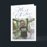 Elegant Script Photo Merry Christmas Holiday Card<br><div class="desc">Modern photo Christmas card featuring a simple and minimal design with "Merry Christmas" in an elegant navy blue script along with your family name above your favourite square picture.  The inside has a photo collage consisting of three vertical pictures along with your personalised message.</div>