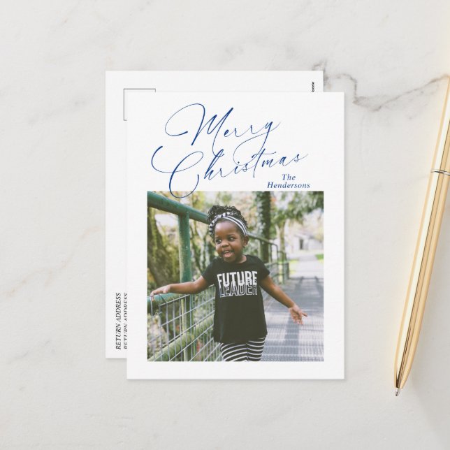 Elegant Script Photo Merry Christmas Holiday Postcard (Front/Back In Situ)