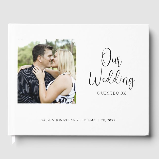 Elegant Script Photo Minimalist Wedding Guest Book (Front)