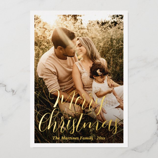 Elegant Script Photo Modern Christmas Foil Holiday Card (Front)