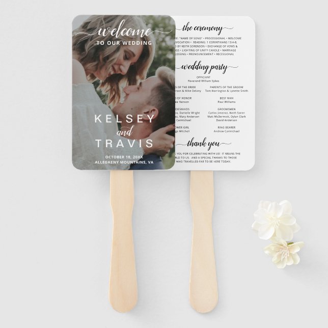 Elegant Script Photo Modern Wedding Program Hand Fan (Front and Back)