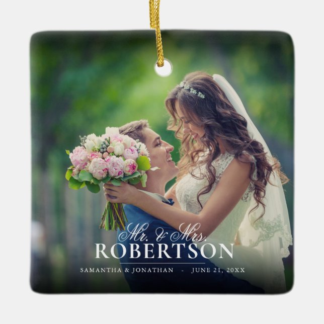 Elegant Script Photo Newlywed Christmas Ceramic Ornament (Front)