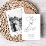 Elegant Script Photo on Back, Petite Wedding Save The Date<br><div class="desc">This Save the Date announcement card features an elegant script heading and your custom text,  with a photo on the back.  Use the template to add your information.  The colours and the photo filter (black and white or colour) can be changed using the Design Tool.</div>
