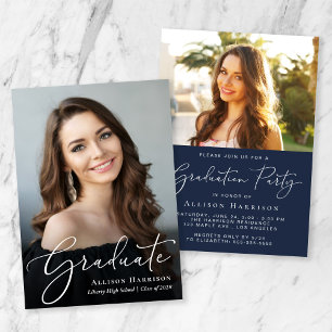 Elegant Script Photo Overlay Blue Graduation Party Invitation