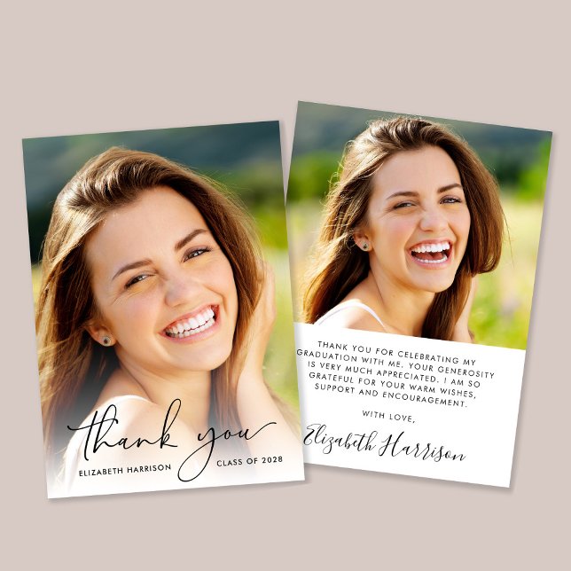 Elegant Script Photo Overlay Graduation Thank You Card (Creator Uploaded)