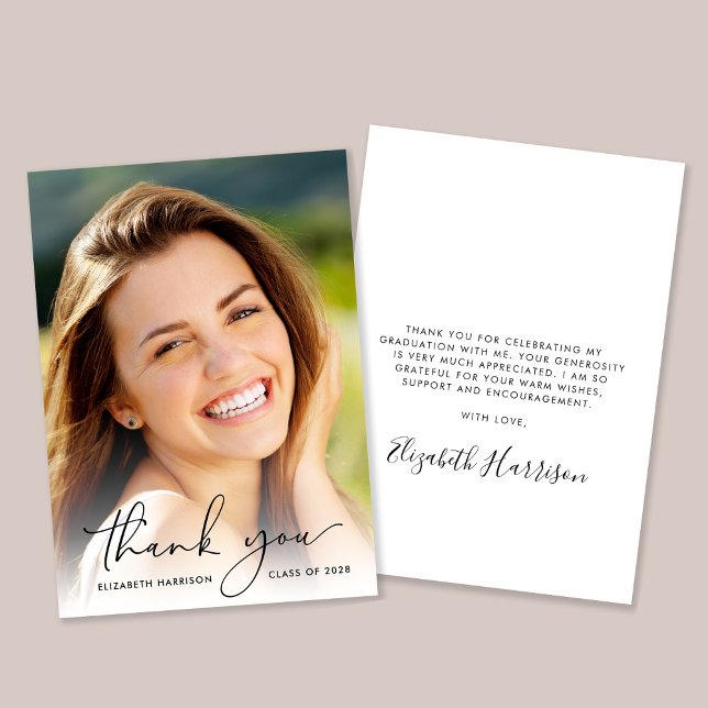 Elegant Script Photo Overlay Graduation Thank You Card (Creator Uploaded)