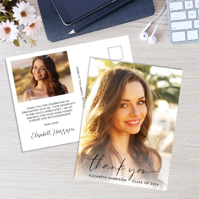Elegant Script Photo Overlay Graduation Thank You Postcard (Creator Uploaded)