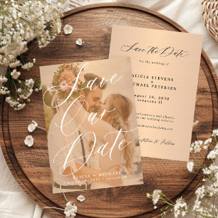 Elegant script photo overlay terracotta wedding save the date