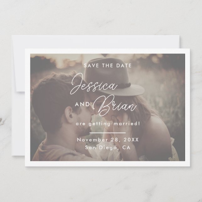 Elegant Script Photo Overlay Wedding Save The Date (Front)