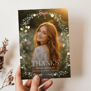 Elegant Script Photo Pink Bow Floral Graduation Thank You Card