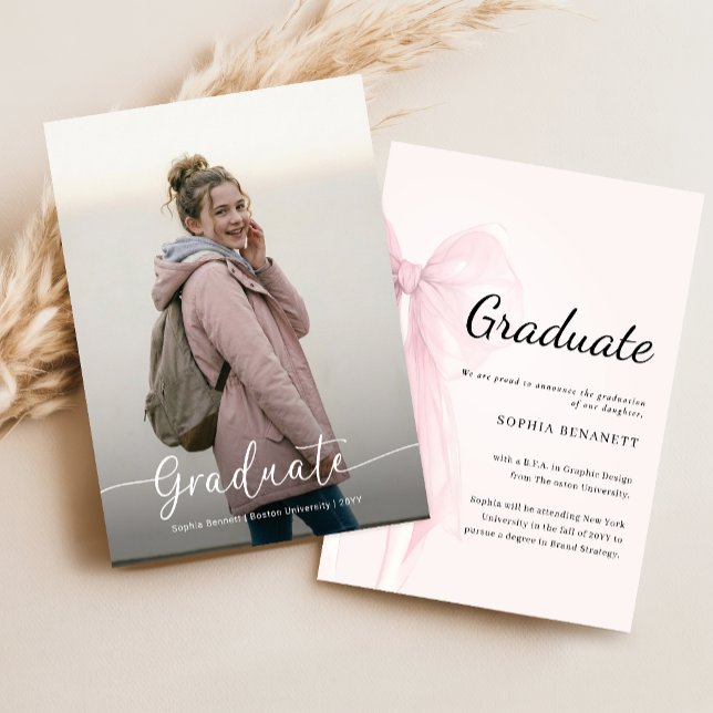 Elegant Script Photo Pink Bow Graduation Announcement (Creator Uploaded)