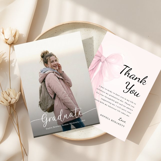 Elegant Script Photo Pink Bow Graduation Thank You Card (Creator Uploaded)