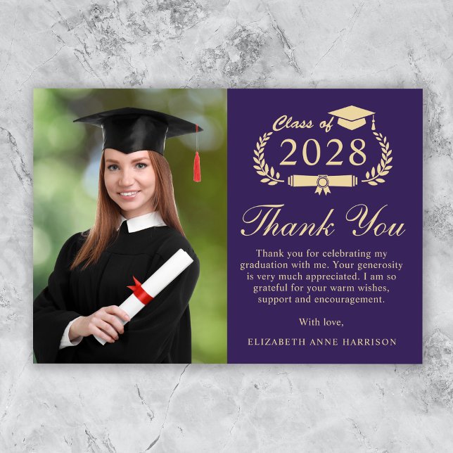 Elegant Script Photo Purple Gold Graduation Thank You Card (An elegant photo graduation thank you card to show gratitude to friends and family for their support)