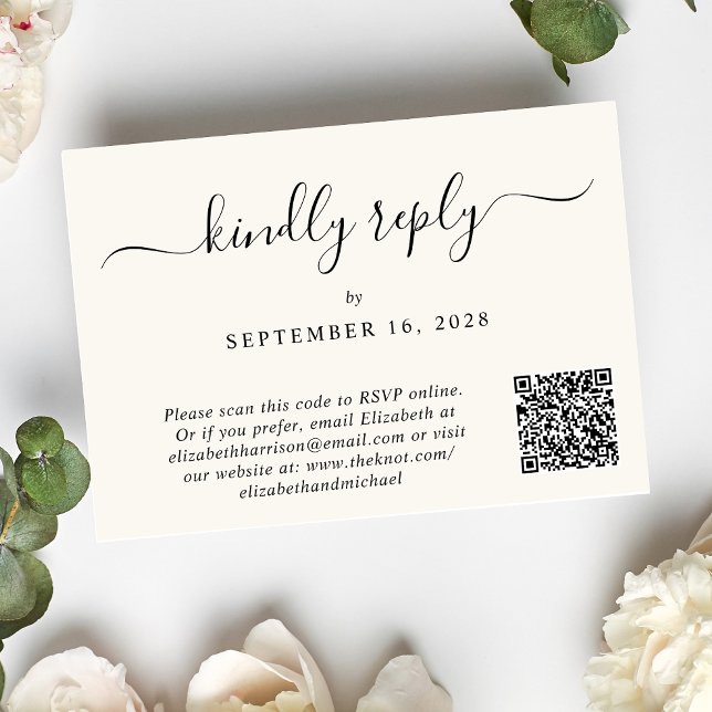Elegant Script Photo QR Code Cream Wedding RSVP Card (Creator Uploaded)