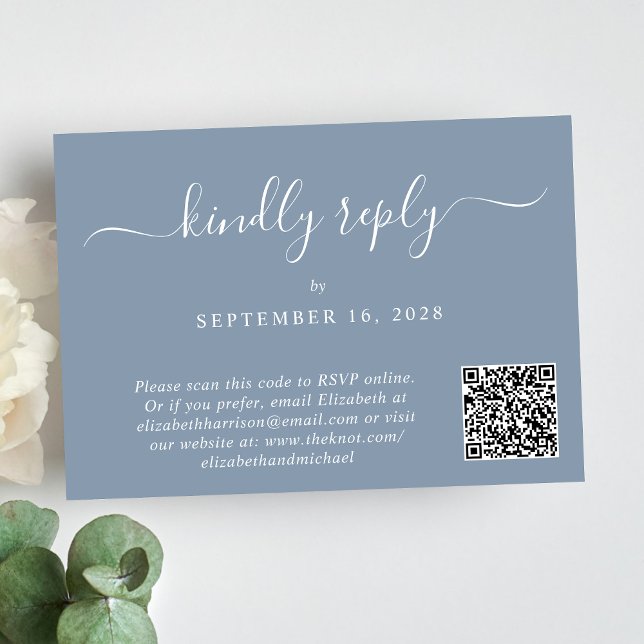 Elegant Script Photo QR Code Dusty Blue Wedding RSVP Card (Our user-friendly template will generate your QR code automatically from your website address)