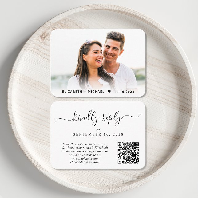 Elegant Script Photo QR Code Wedding RSVP Enclosure Card (Our user-friendly template will generate your QR code automatically from your website address)