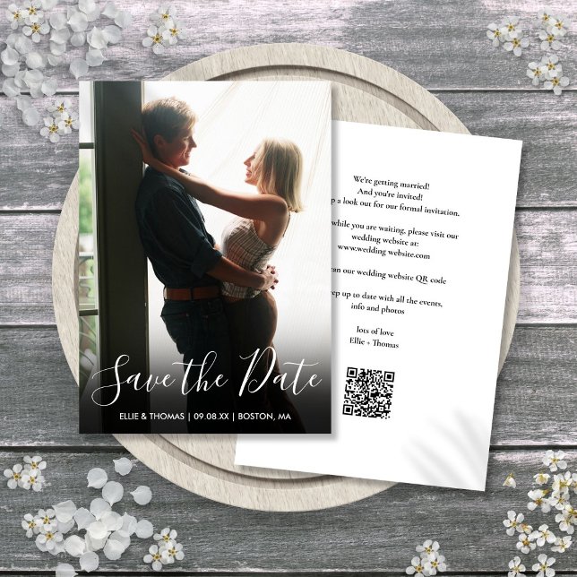 Elegant Script Photo QR Code Wedding Save The Date (Elegant Script Photo QR Code Wedding Save The Date)