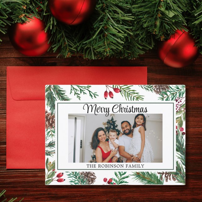 Elegant Script Photo Red Merry Christmas Holiday Card (Creator Uploaded)