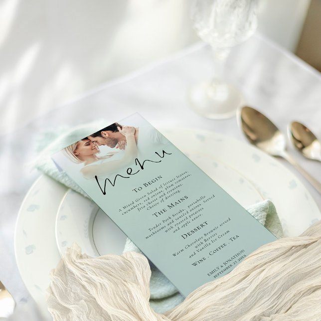 Elegant Script Photo Sage Green Wedding Menu Card (Modern Sage Photo Overlay Menu available printed or as a digital download)