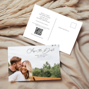 Elegant Script Photo Save the Date w/QR Code Announcement Postcard