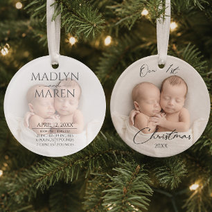 Elegant Script Photo Twin Baby's 1st Christmas Ornament